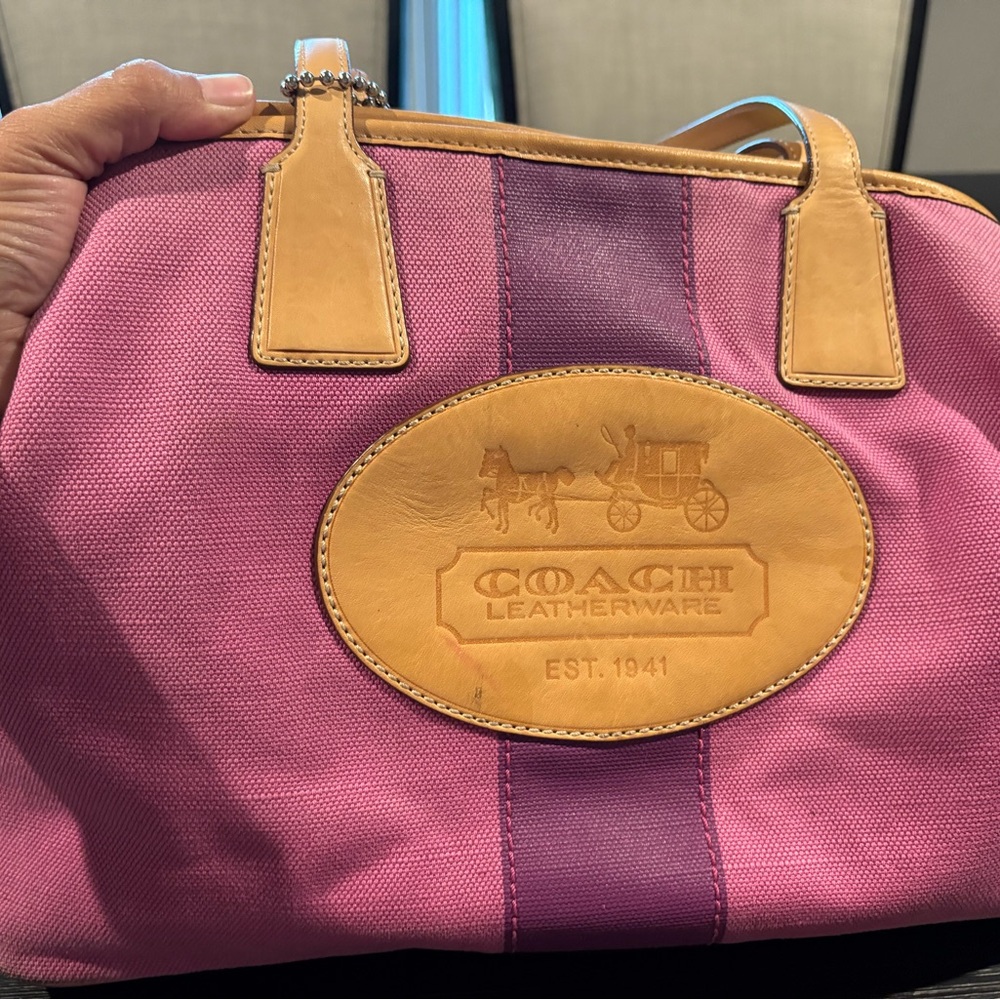 10 year anniversary Coach Pink and Tan Leatherware Bag EUC